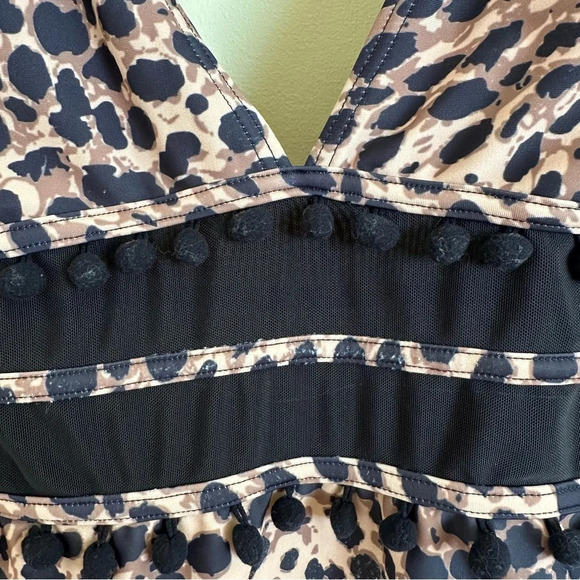 Pink Lily size Medium Leopard Print One Piece Swimsuit Mesh Pom Pom Trim Sexy - Picture 4 of 6